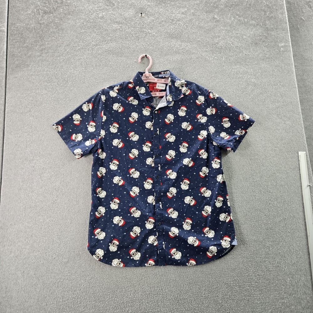Denim & Flower Men Button Up Shirt L Blue Graphic Santa‎ Claus Holiday NWT